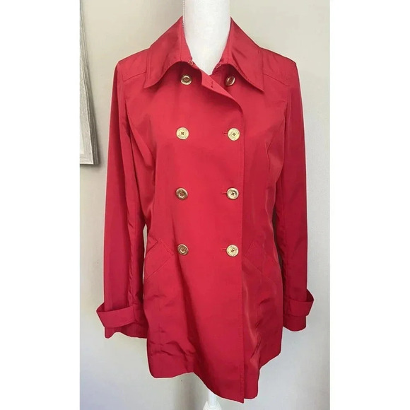 St. John Sport Jacket Raincoat Red Gold Button Double Breasted Small S - Picture 1 of 7